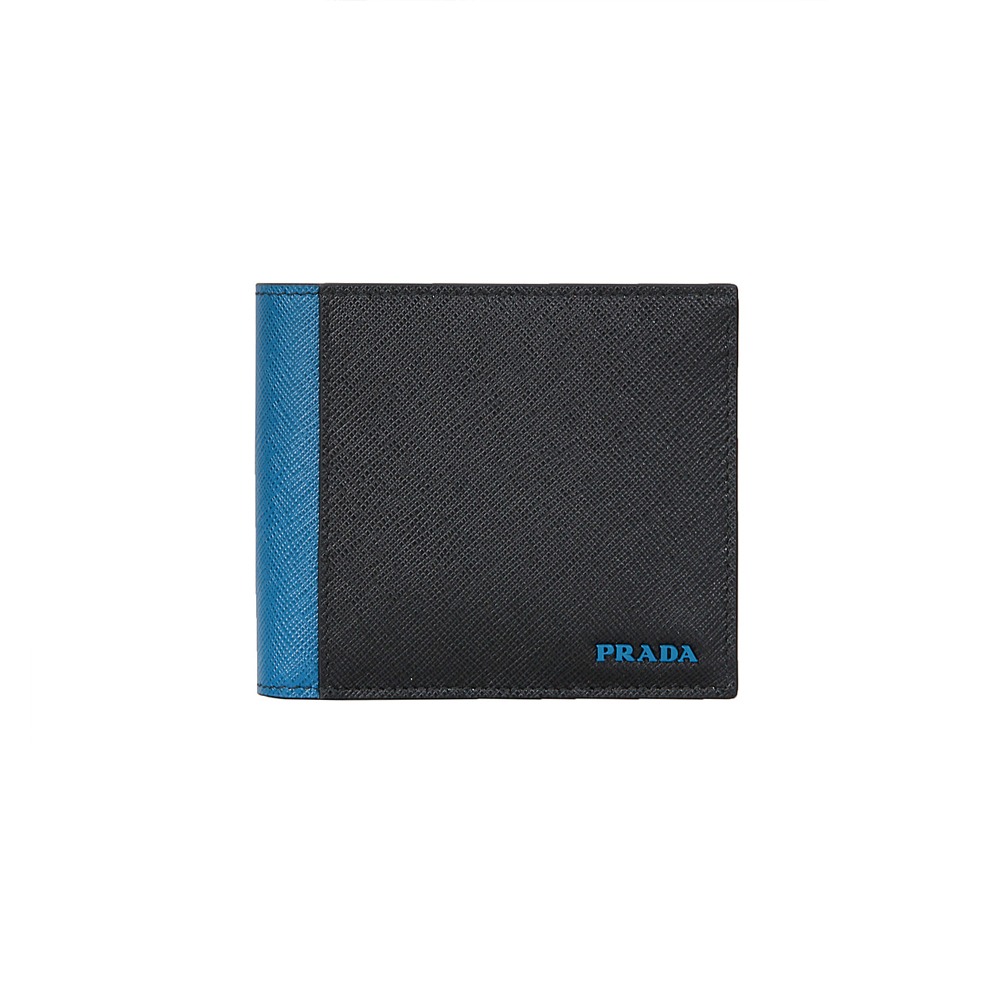 19F/W 프라다 사피아노 모노크롬 로고 블랙/블루 반지갑